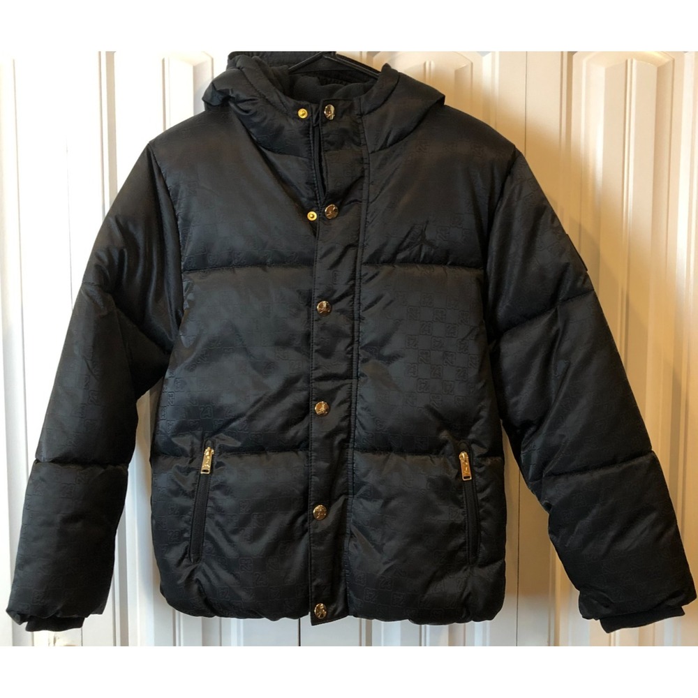 NWOT Jordan Boys L 12-13 Black Puffer Jacket Hooded Monogram Quilted Gold Logo